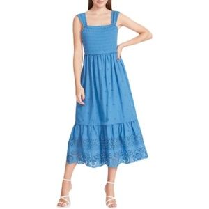 Betsey Johnson XS Federal Blue Smocked Embroidered Eyelet Midi Dress NWOT